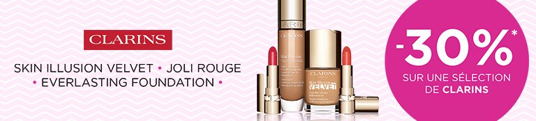 -30 % sur les gammes Clarins de Joli Rouge, Skin Illusion Vlevet en Everlasting Foundation* -30 % sur les gammes Clarins de Joli Rouge, Skin Illusion Vlevet en Everlasting Foundation*