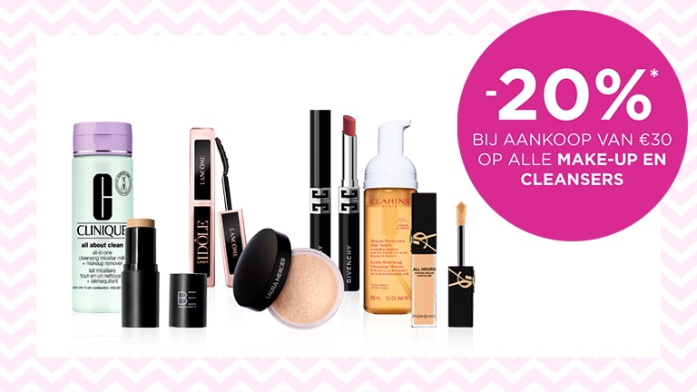 -20% bij aankoop van €30 op alle make-up en cleansers* -20% bij aankoop van €30 op alle make-up en cleansers*