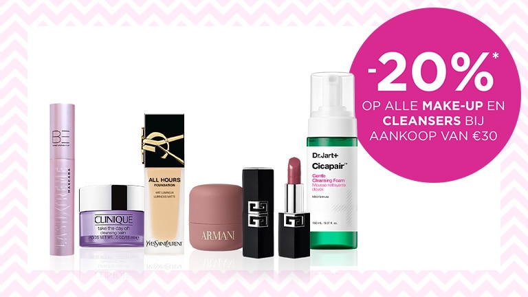 -20% op alle make-up en cleansers bij aankoop van €30* -20% op alle make-up en cleansers bij aankoop van €30*