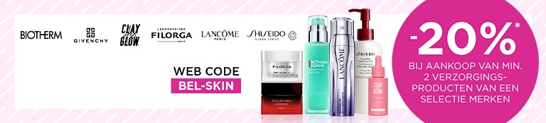 -20% bij aankoop van min. 2 verzorgingsproducten van een selectie merken met code BEL-SKIN* -20% bij aankoop van min. 2 verzorgingsproducten van een selectie merken met code BEL-SKIN*