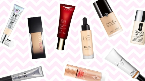 Flatlay avec crème teintée, fond de teint, BB crème et CC crème						 Flatlay avec crème teintée, fond de teint, BB crème et CC crème