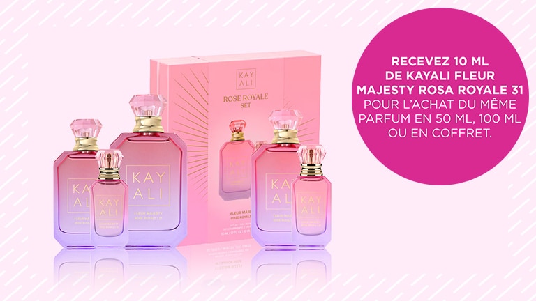 Recevez 10 ml de Kayali Fleur Majesty Rosa Royale 31 pour l’achat du même parfum en 50 ml, 100 ml ou en coffret. Recevez 10 ml de Kayali Fleur Majesty Rosa Royale 31 pour l’achat du même parfum en 50 ml, 100 ml ou en coffret.